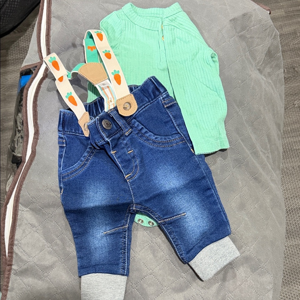 Newborn Easter Denim Overalls with Mint Ribbed Top
